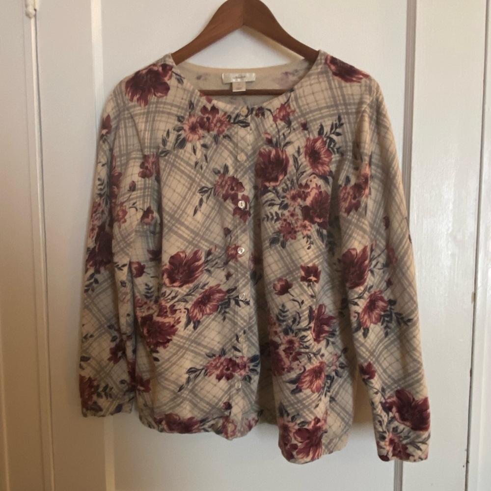 Cjbanks cottage core cardigan with roses on plaid background